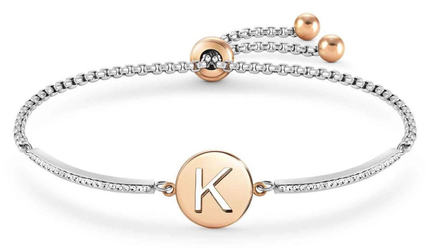 Bransoletka Nomination Italy z kolekcji Milleluci Letters. Wykonana ze stali szlachetnej, zdobiona mieniącymi się, błyszczącymi cyrkoniami pave oraz zawieszką z literą K w kolorze różowego złota..jpg